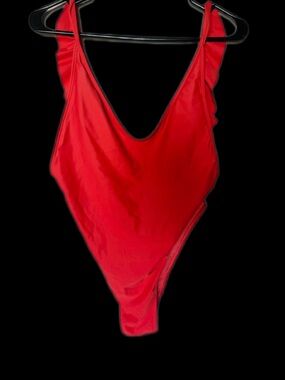 aerie Red One-Piece Swimsuit with Ruffle Shoulder Straps